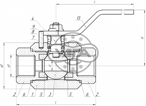 Кран шаровой разборный трехсоставной муфтовый Dn20 Pn100 09Г2С 11лс45п